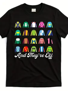 and-they're-off-horse-racing-derby-day-funny-silks-jockey-t-shirtSame style for men and women  summer short-sleeved printed T-shirt pure cotton 220G, Festival Clothing, Casual Summer Wear, Jockey Print Shirt, Humorous Design, Durable Print