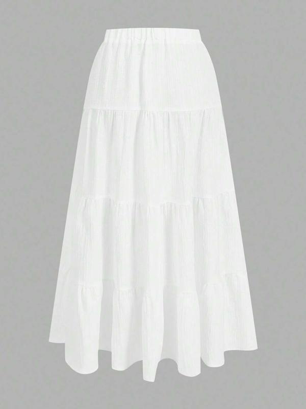 Women's White Chiffon Tiered Elastic High Waist A-Line Maxi Skirt - Breathable Summer Casual Style