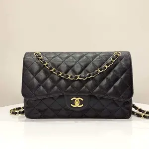 Pre-owned CHANEL Black Caviar Leather Classic Flap Jumbo Shoulder Bag with Gold Chain and Logo