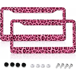 Pink Leopard Print License Plate Frame 2 Pack Cheetah Animal License Plate Frame Holder Funny Aluminum Car Decor with 2 Holes and Screws Fits Standard Us Canada Vehicles 12.3 X 6.3in for Men/Women