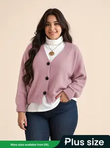Plus Size Women's V Neck Long Sleeve Knit Sweater, Loose-Fitting Button Front Cardigan for Fall & Winter, Casual Skin-Friendly Outerwear