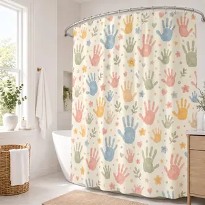 Watercolor Family Handprint Shower Curtain, Kids Bathroom Decor, Family Love & Togetherness Bath Curtain, Colorful Handprint Bathroom Decoration