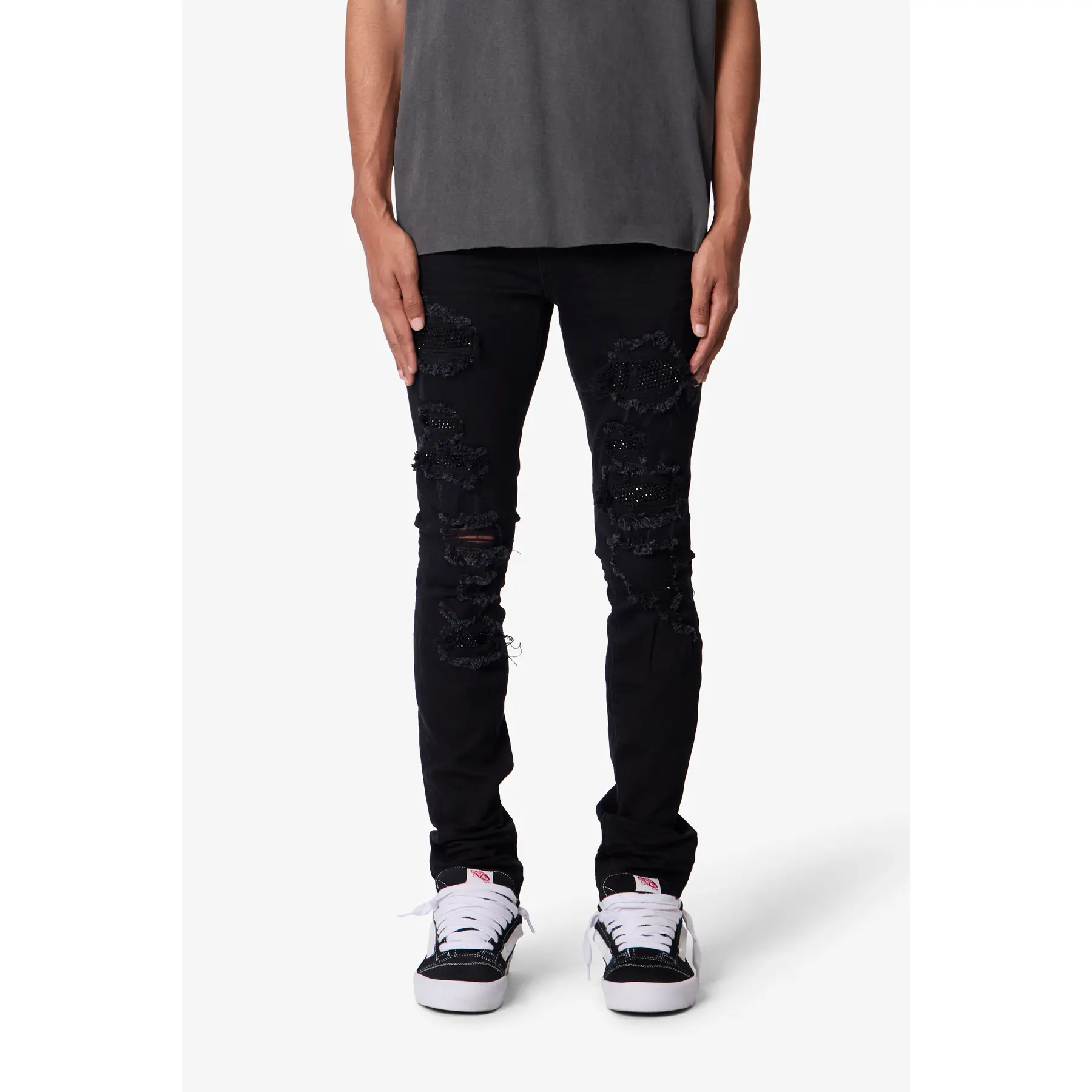 mnml Skinny Distressed Rhinestone Denim - Black