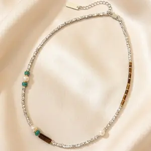 Xx jewelry  -Vintage Silver Beaded Choker with Tiger Eye & Pearl |   Boho Minimalist Necklace