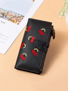 Women's Cherry Blossom Wallet - Vertical PU Leather Short Wallet with Buckle, Waterproof Coin Purse for Girls (Cute Valentine's/Teacher Gift)