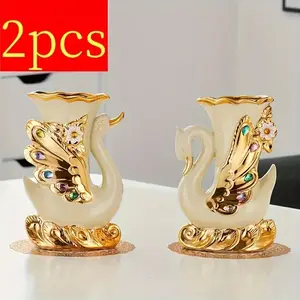 2pcs Ceramic Elegant Swan Vase Centerpieces, Vintage Style Cylindrical Home Decor, No Power Required, Battery-Free, Luxurious Centerpieces Vases