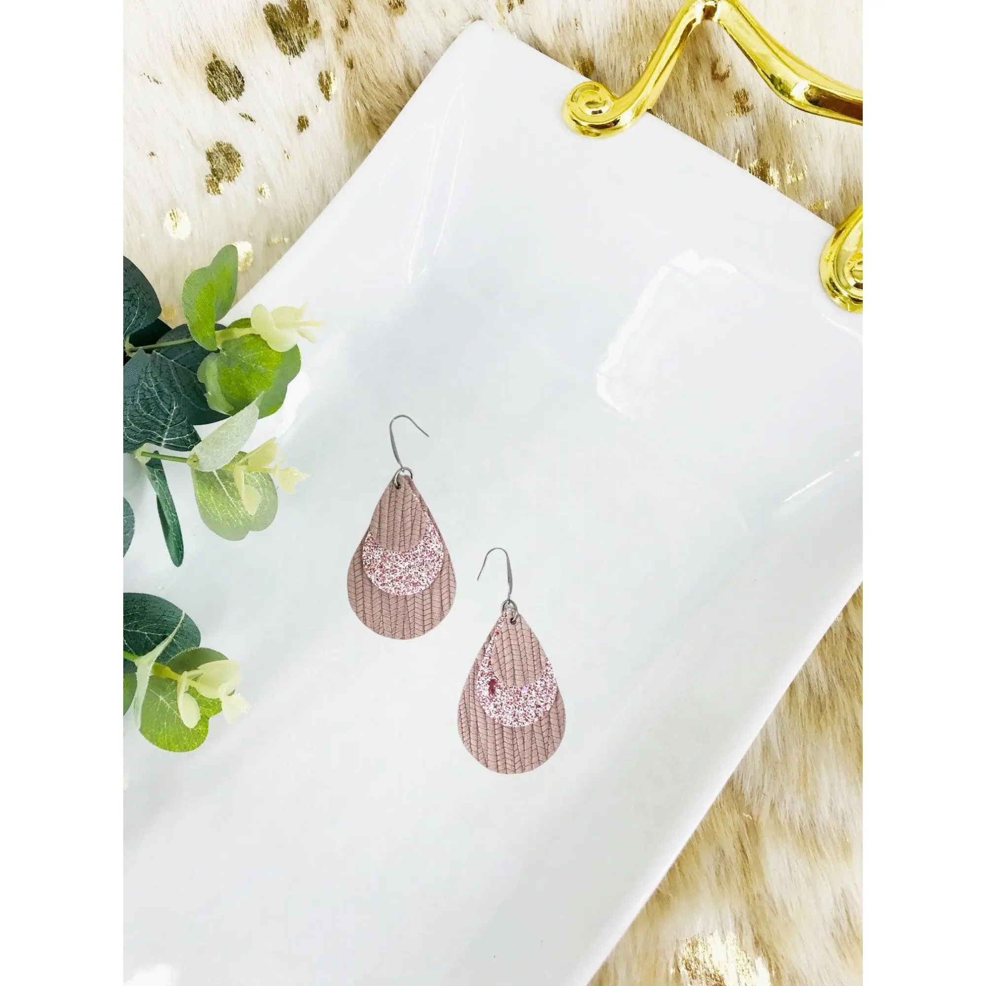 Light Pink Genuine Leather and Glitter Earrings - E19-231
