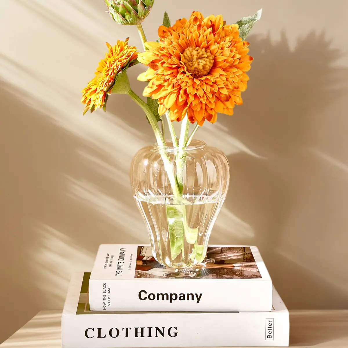 Glass Pumpkin Stripe Vase, Indoor Warm Floral Greenery Hydroponic Bottle, Home Dining Table Decor, 6.2x5 Inch, Perfect for Housewarming Gift