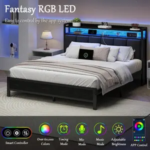 Twin/ Full/ Queen/ King Bed Frame With Storage Headboard, LED Bed Frame With Charging Station, Upholstered Platform Bed Frame With Heavy Duty Metal Slats, No Box Spring Needed, Easy Assembly, Black/ White/ Beige outdoorfun