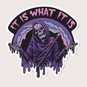 It Is What It Is Skeleton Sticker | Grim Reaper Halloween Spooky Vinyl Decal for Laptop Water Bottle, Laptop Water Bottle Decal Sticker