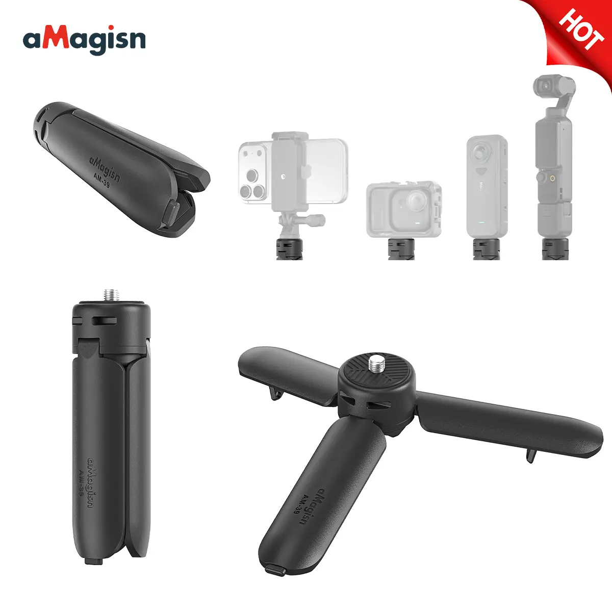 【aMagisn】Compact 1-Click Open Mini Selfie Tripod-Vlog Handle with Tripod Base, Video Recording Gear for Filming Setup, Compatible with Insta360 X6/X5/LunaUltra, DJI Osmo Pocket 4/3, Osmo Action 6/5 Pro, GoPro Action Cameras