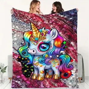 Cute Unicorn Flannel Blanket, Vibrant Rainbow Decor Throw Blanket, Soft and Cozy for Home Decor, Camping, Travel, and Office Warmth, Perfect Magical Gift for Kids and Unicorn Lovers!