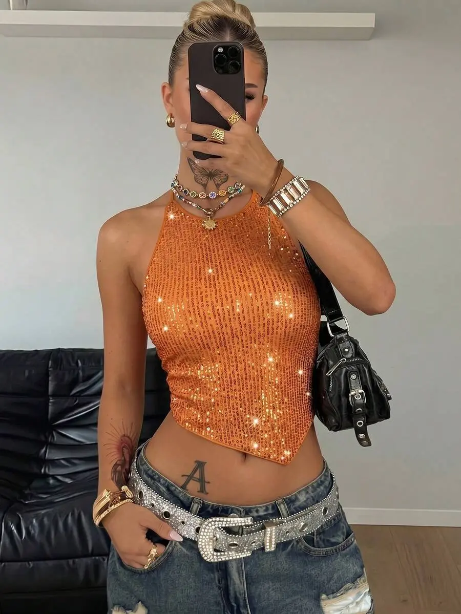 Women's Sexy Asymmetrical Sequin Christmas Camisole Top, Orange Sequin Vest, Backless, Sparkly Top for Nightclub Party for Holiday Party Top Women, Valentine Day, Spring to Summer, Vacations, Carnival Women Costume, Easter , Yacht Party, Sea Pa