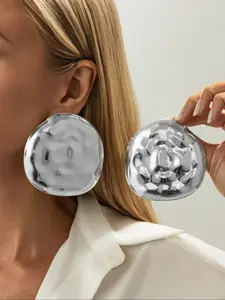 Silver Color Geometric Irregular Round Hammered Fold Earrings Set, Luxurious Party Jewelry Gift, Perfect for All Seasons