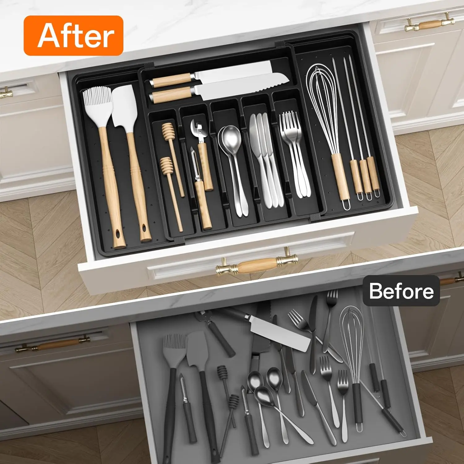 Large Silverware Organizer Expandable Utensil Drawer BPA Free Utensil Holder Adjustable Tray Cutlery Drawer Organizer for Kitchen Flatware (6-8 Slots) Boxes Knives