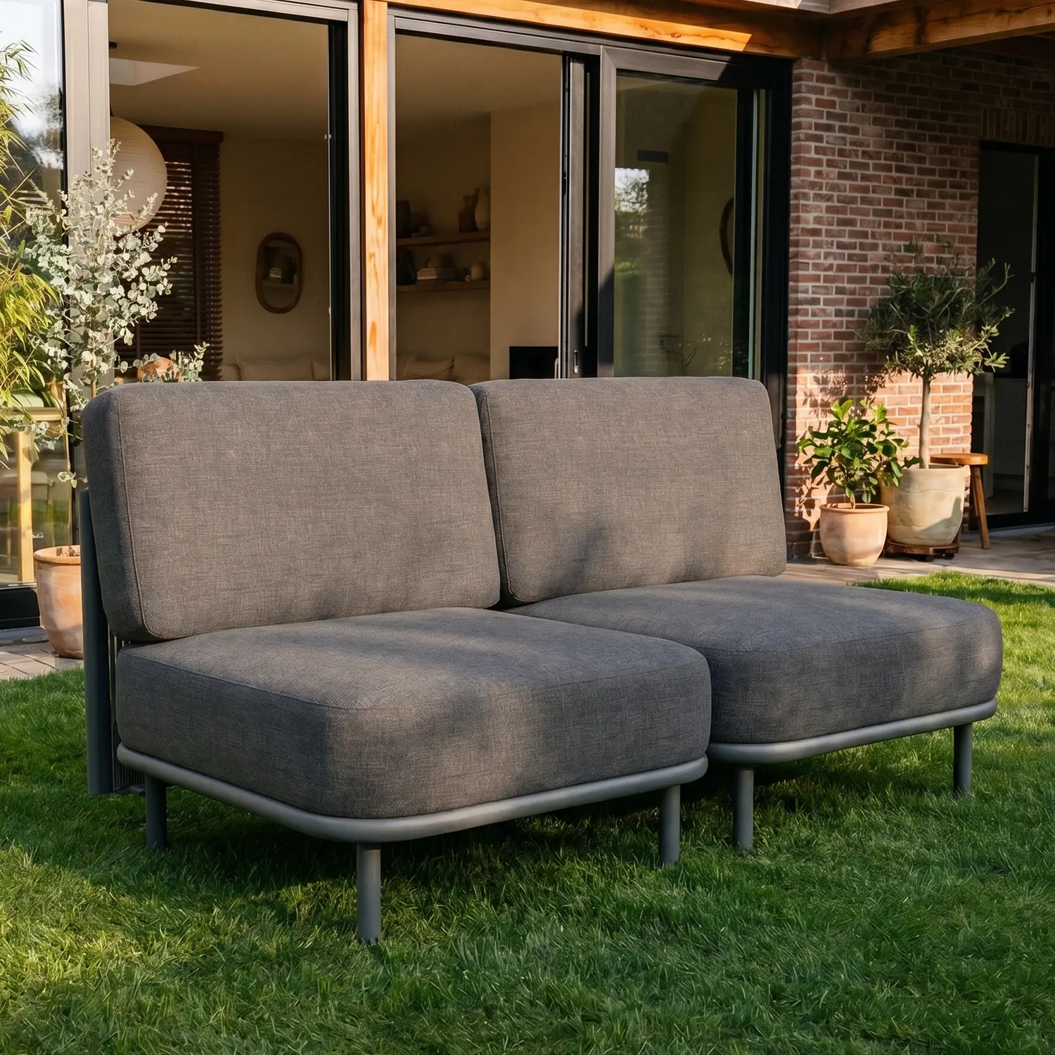 LayinSun 2-Piece Braided Rattan Outdoor Modular Sectional Sofa Set - L-Shaped Couch with 7-in Cushions, Flexible Elasticity, Modular Setup, Multiple Seats for Garden, Backyard Deck