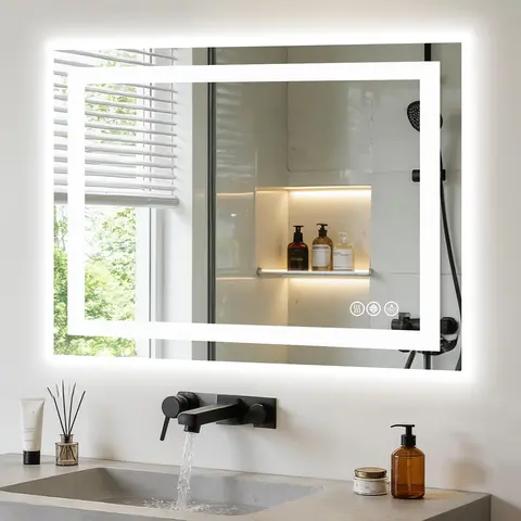 Anti-Fog LED Bathroom Mirror with 3 Color Modes – Dimmable Front & Backlight, Wall-Mounted, 3 Sizes (36x36/32x40/36x48 Inch) for Vanity or Makeup White
