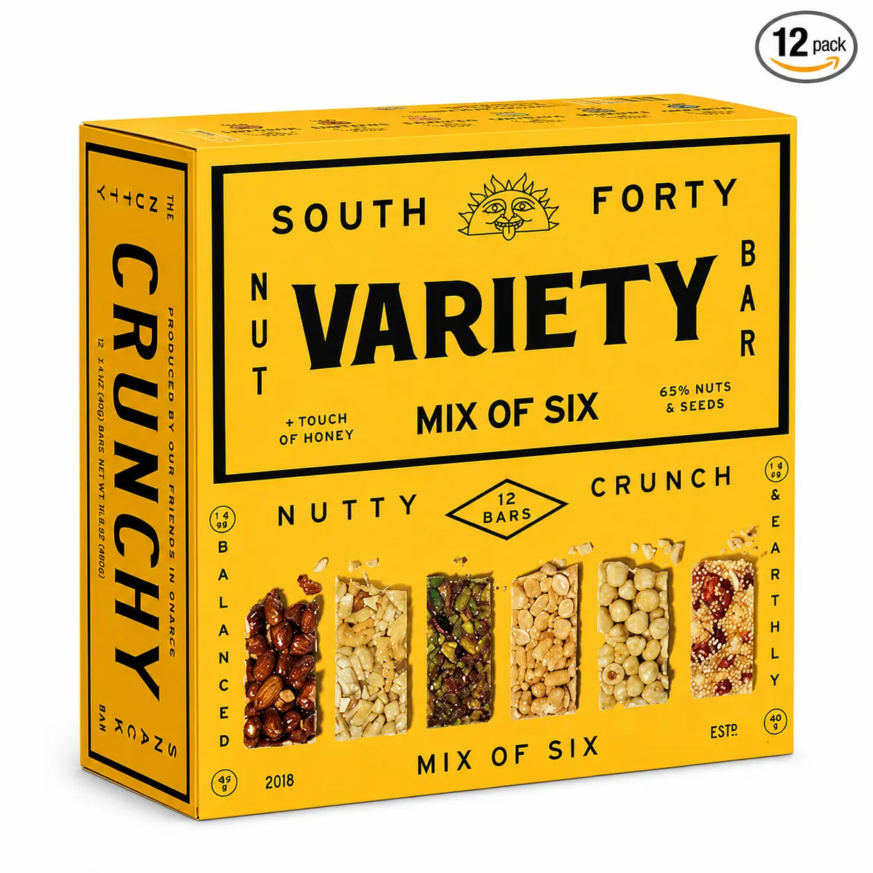 South 40 Snacks Crunchy Nut Bars Variety Pack of 12 | Mix of 6 Flavors | 40g Individually Wrapped Nut Bars