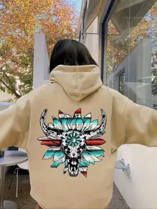 Women's Bull Head Print Drop Shoulder American Cowboy Hoodie, Fashion Casual Drawstring Pocket Hooded Sweatshirt for Daily Holiday Outdoor Wear, Women Clothing for Fall & Winter