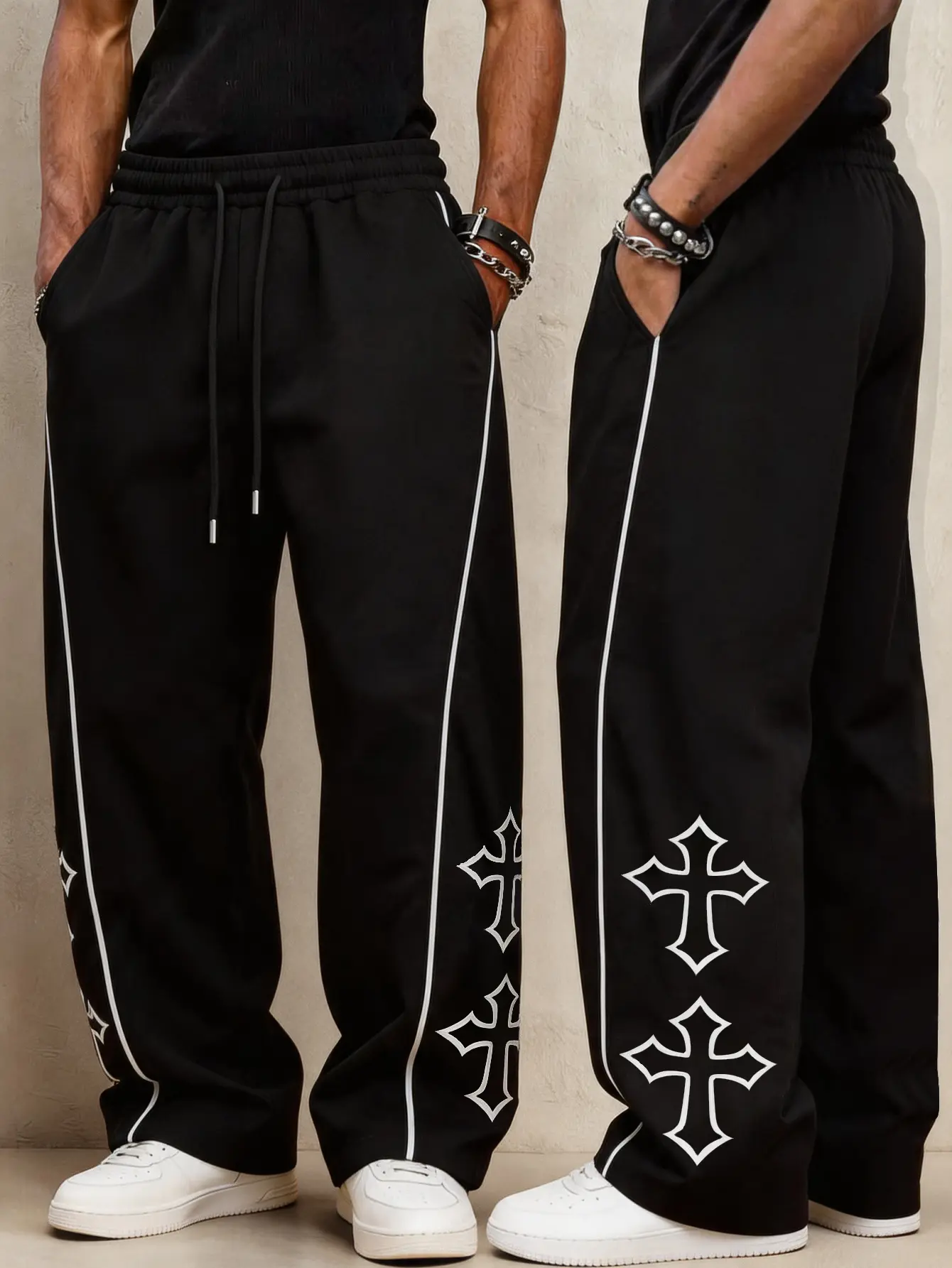【Straight-leg pants with reflective stripes along the sides and a cross print】 Men’s American retro dark aesthetic drawstring elastic waistband loose floor-length athletic pants made from lightweight, windproof, waterproof quick-dry woven fabric with a fl