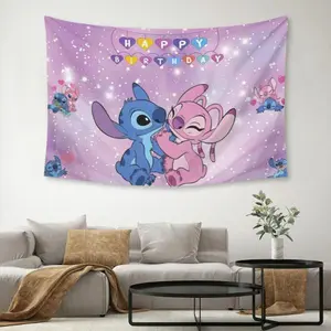 Disney Stitch Birthday Party Tapestry Happy Birthday Design with Stitch and Angel Characters for Kids Room Decor Ideal for Parties