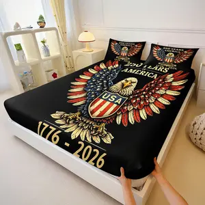 USA 250th Anniversary Fitted Sheet Set,Patriotic Theme Bald Eagle Print Bed Sheet Set,Includes 1 Fitted Sheet & 2 Pillowcases,Deep Pocket Snug Fit,Soft Breathable Bedding for Bedroom Dorm Guest Room Decor,Perfect Independence Day Holiday Gift
