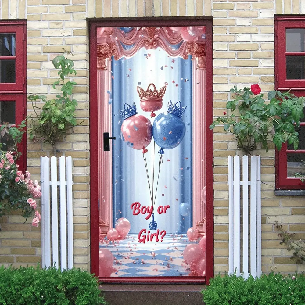 2pcs   Baby Gender Reveal Party Decorations Boy or Girl Balloon Wall Stickers with Crown Design for Door Window Nursery Baby Shower Gender Announcement Decor Supplies Removable Waterproof Vinyl Decals