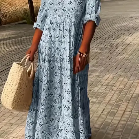 Women's Casual Elegant French Floral V-Neck Long Dress, Casual Wear, Bohemian Boho V-Neck Flower Print Maxi Dress, Seven-Sleeve Design, Loose Fit Slimming, Chic, Style, Spring, Summer, Elegance, Boho Style Clothes