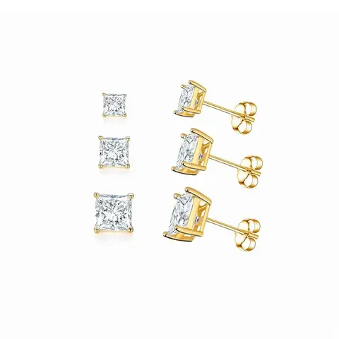 Unisex Gold-Plated Earring Stacking Set - 3 Pairs of 4mm,5mm,6mm Gold-Tone Square Princess Cut Cubic Zirconia Stud Earrings, Hypoallergenic, Daily Decorative All-Seasons Fashion Jewelry