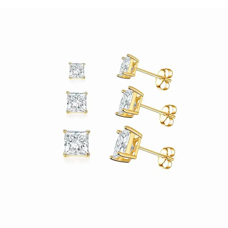 Unisex Gold-Plated Earring Stacking Set - 3 Pairs of 4mm,5mm,6mm Gold-Tone Square Princess Cut Cubic Zirconia Stud Earrings, Hypoallergenic, Daily Decorative All-Seasons Fashion Jewelry