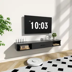 Floating TV Stand, 55'' Wall Mounted TV Cabinet, Floating Shelves with Door, Media Console for DVD Player, Space-Saving Under TV Shelf for Bedroom & Living Room (Black)