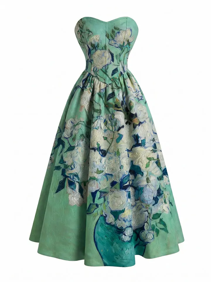 Pale Green 1950s Water Lily Sweetheart Strapless Dress Evening Formal
