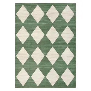 【Christmas Gift】9 x 12 ft Polyester Green Rectangular Living Room Bedroom Dining Room Modern Geometric Diamond Print Machine Washable Area Rug