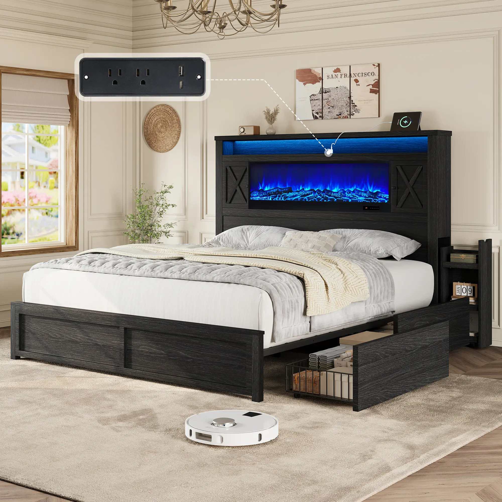 [Ships in 2 Boxes] AMERLIFE Bed Frame with Fireplace, Farmhouse Storage Platform Bed with 57" Headboard, Barn Door Cabinets, 4 Drawers & 2 Bedside Racks, RGB LED & Charging Station #homemakeover
