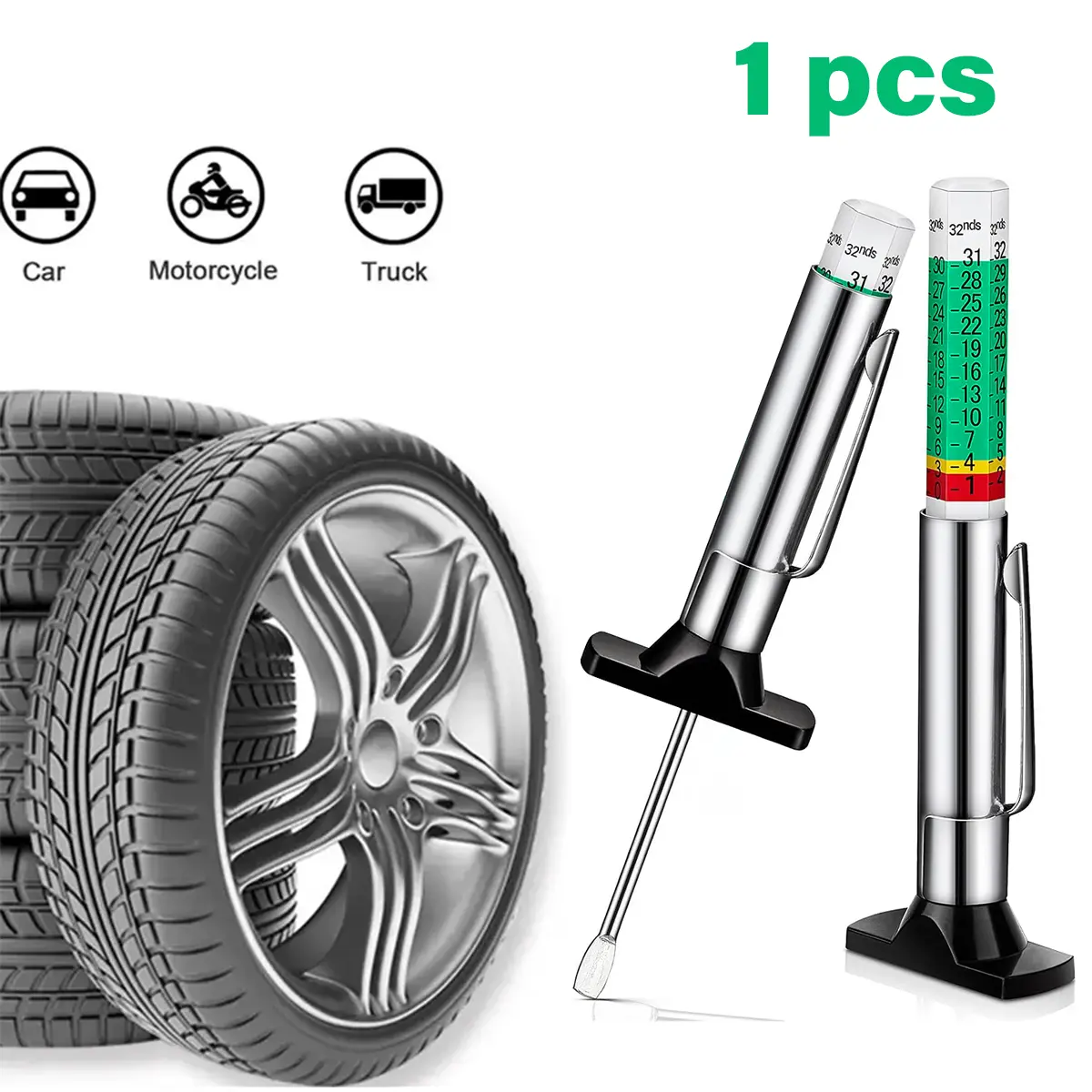 Automotive Tire Tread Depth Gauge - 1/2 in (25mm) Capacity, Color-Coded, Reads in mm & 1/32 Units, Universal Quick Identification Tool for Vehicles