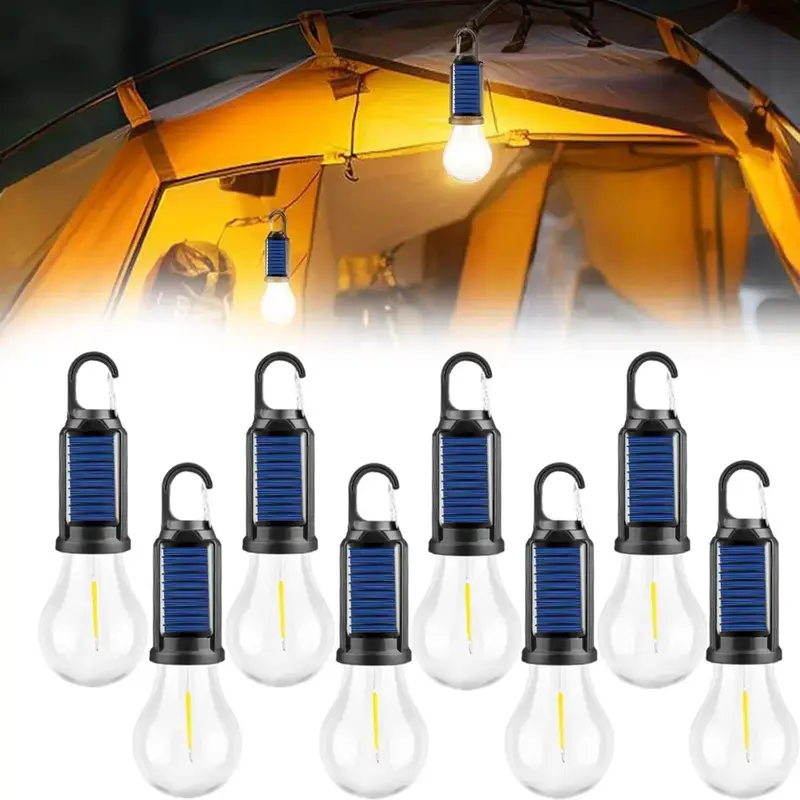 Solar Rechargeable Camping Tent Light, IPX4 Waterproof, Tungsten Filament Outdoor Emergency Light, Household Tungsten Filament Warm Light With Hook, Suitable For Outdoor Parties, Camping, Holiday Decorations, Anniversaries (2/4/6/8 Packs)