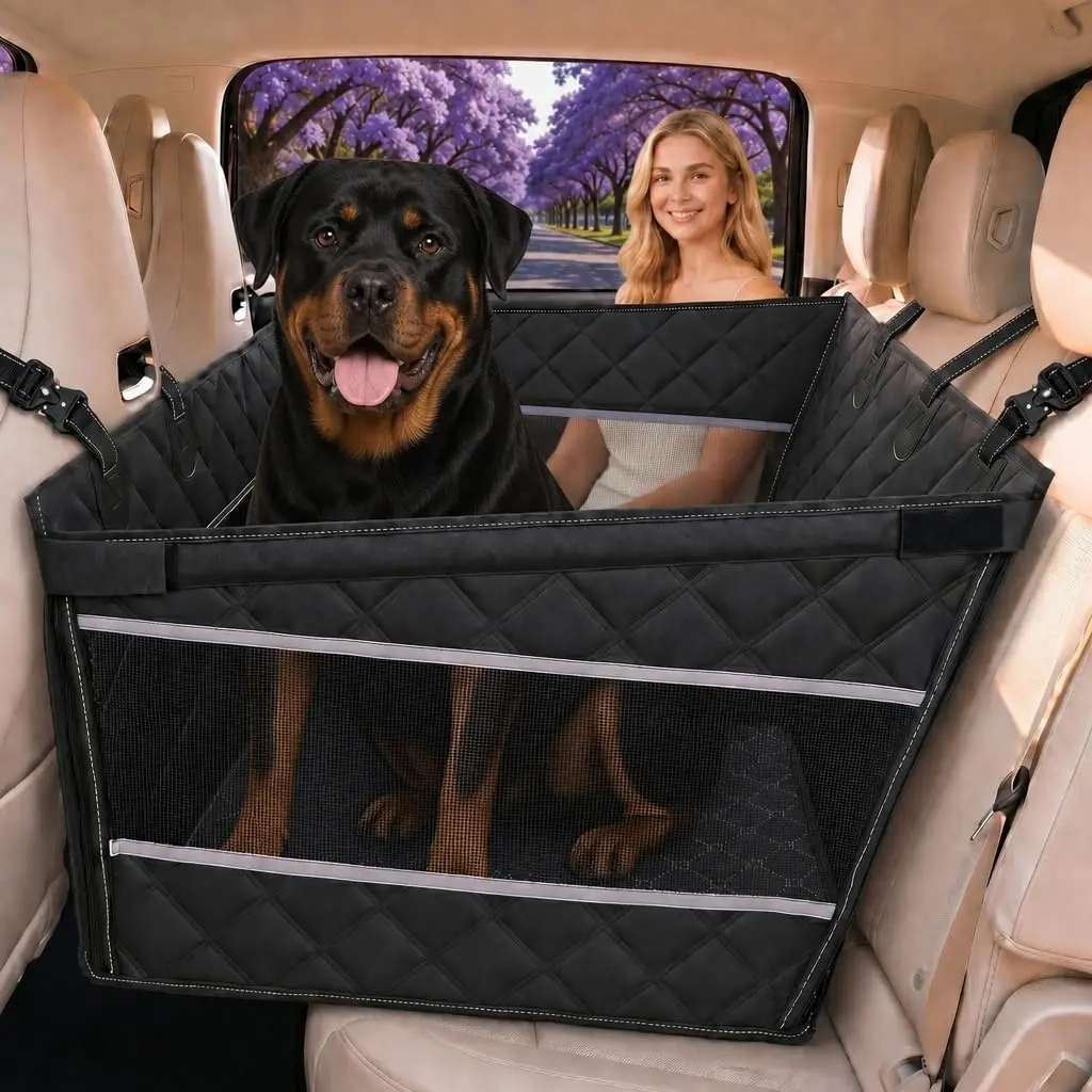 RYNVALE Dog Car Seat for Large Medium Dogs, 500lb Back Seat Extender for Dogs with Cushion, Waterproof Hard Bottom Carseat Cover, Car Hammock for Dog Fits Cars/SUV/Truck