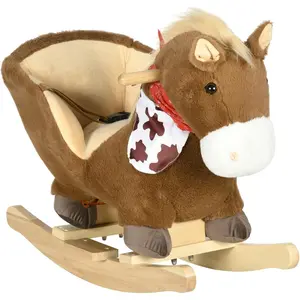 Baby Rocking Horse, Riding Horse, Plush Animal Rocker with Realistic Sound, Pedals for Ages 18-36 Months, Brown