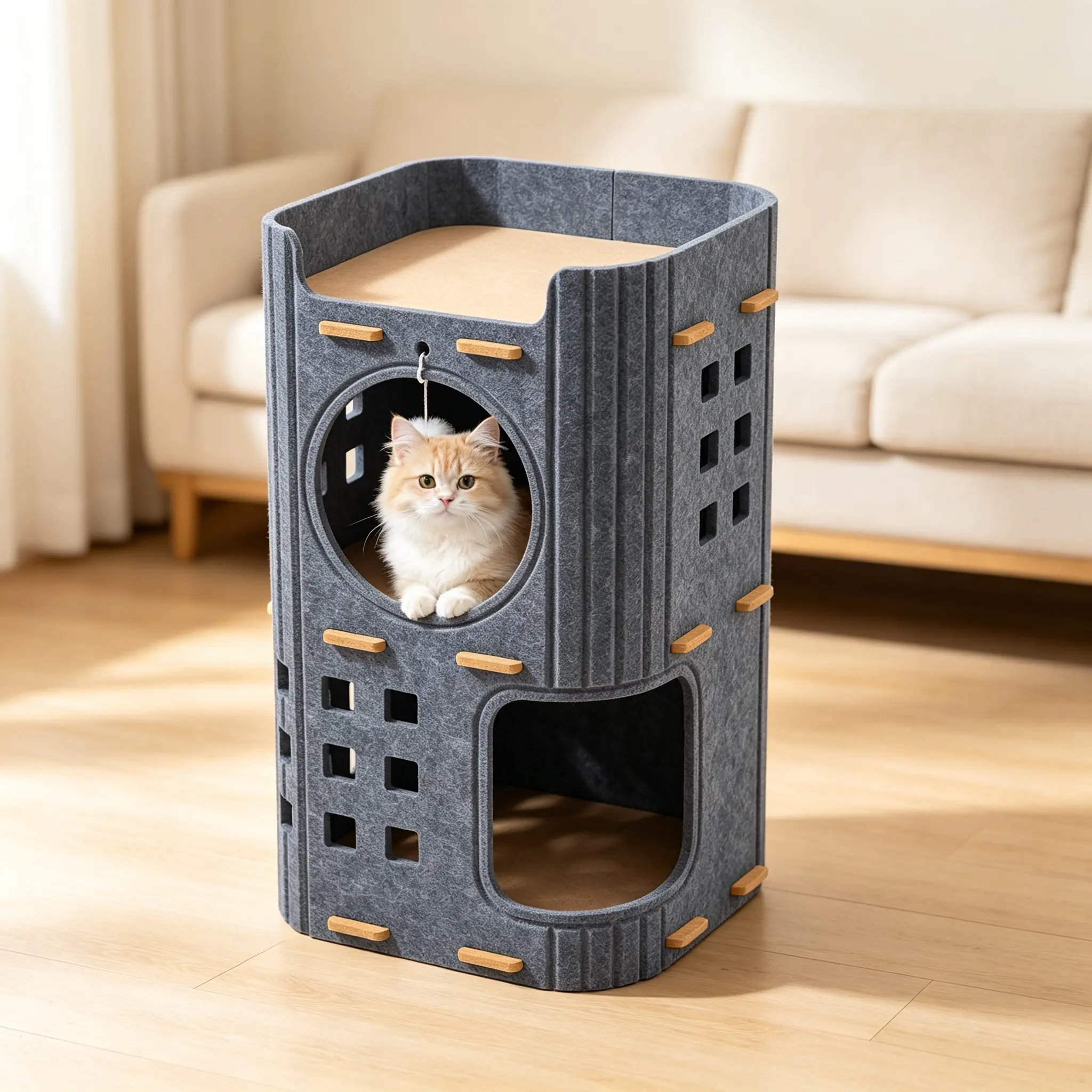 3-Tier Thick Felt Pet House Tower - Breathable Cutout Multi-Level Cave Hideout, Spacious Indoor Condo Enclosure with Hanging Pom-pom Toy, Portable Bed for Kittens & Adult Cats Rest & Play,Provides multiple quiet resting spots for your cat