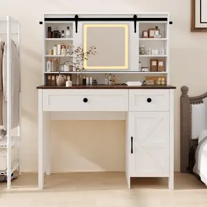 Modern Vanity Desk with LED Lighted Mirror, Charging Station & Power Outlet, 3 Drawers, Cabinet, Storage Stool & Shelves, Makeup Table for Bedroom - Perfect for Girls & Teens