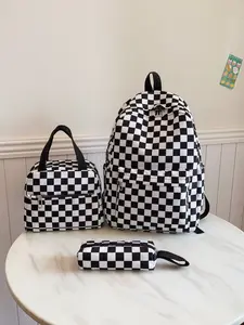 Korean-Style Instagram-Inspired Black-and-White Checkered All-Over Print Backpack 3-Piece Set Weight-Reducing Spine-Protecting Student Backpack, Tote Bag, and Pencil Case School Set - New Arrival