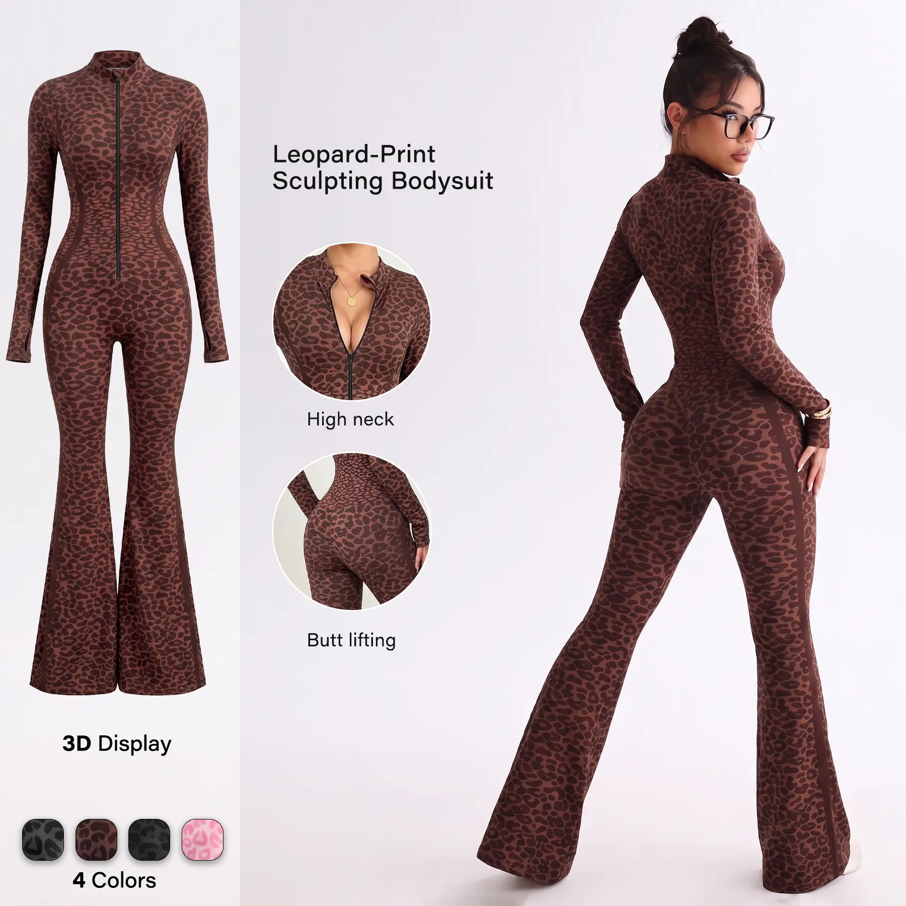 Women's Leopard Print Athleisure Outfit Long Sleeve Zip Up Jumpsuit Flared Bell Bottom Yoga Bodysuit Sexy Slimming Bodycon Workout Romper with Thumb Holes Animal Print Unitard One Piece Fitness Suit Trendy Y2K Streetwear Apparel