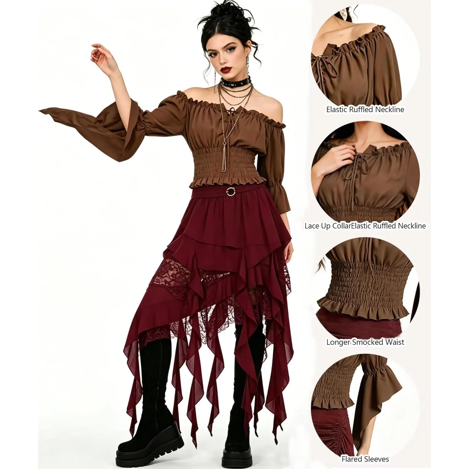Off Shoulder Bell Sleeve Renaissance Blouse for Women – Medieval Peasant Corset Shirt, Pirate Costume Top forHalloween Cosplays Womenswear
