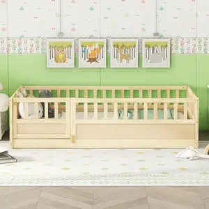 Twin Size Floor bed, integral construction with super high security barrier, door,'s floor bed frame, Montessori wooden's floor bed,Natural Woodbed frame