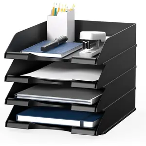 4 Pack Stackable Paper Trays for Letter Documents, Desktop File Organizers for Office Paper Storage, Black
