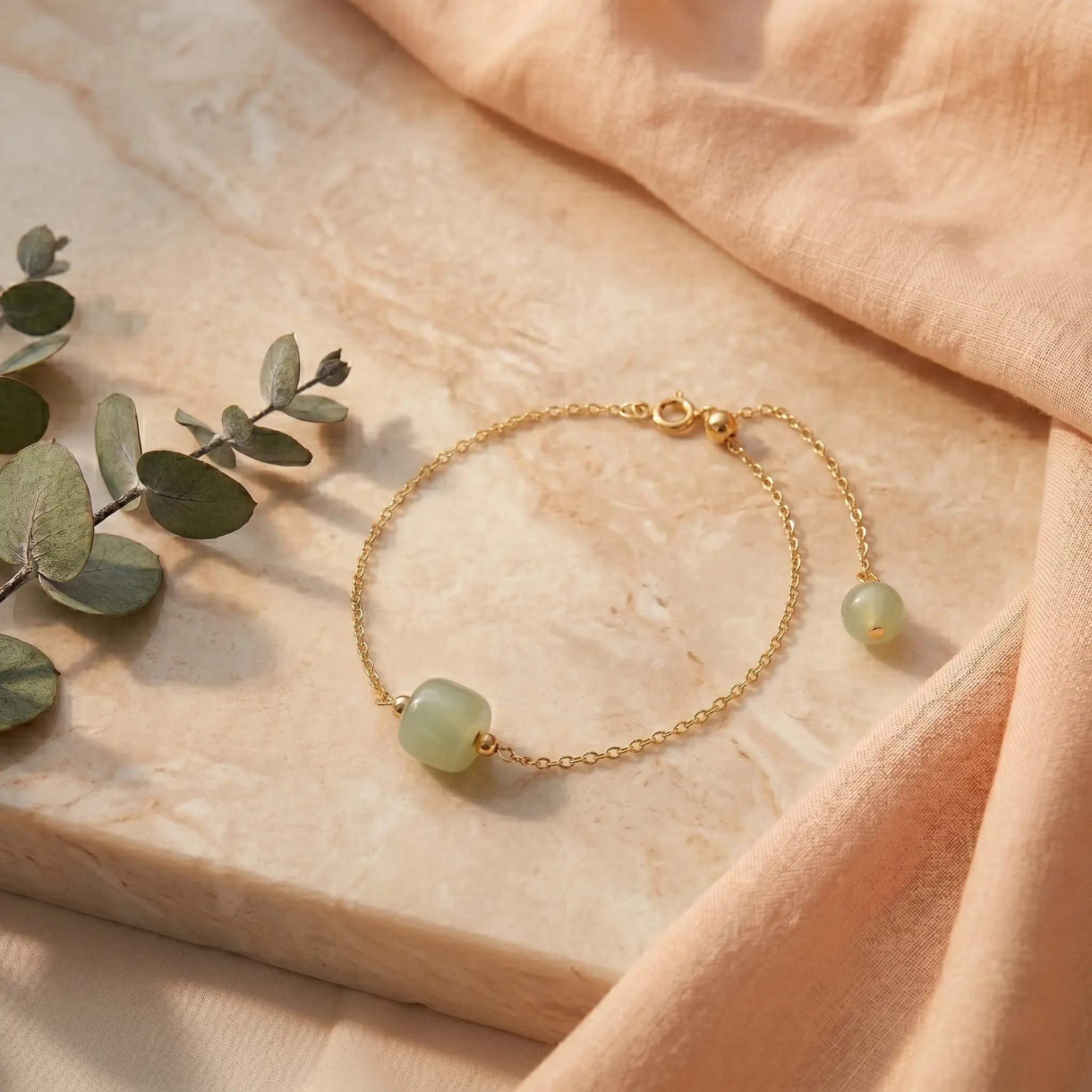 Natural Hetian Jade Bracelet, Lucky Nephrite Bracelet with Dainty Chain and a Small Charm