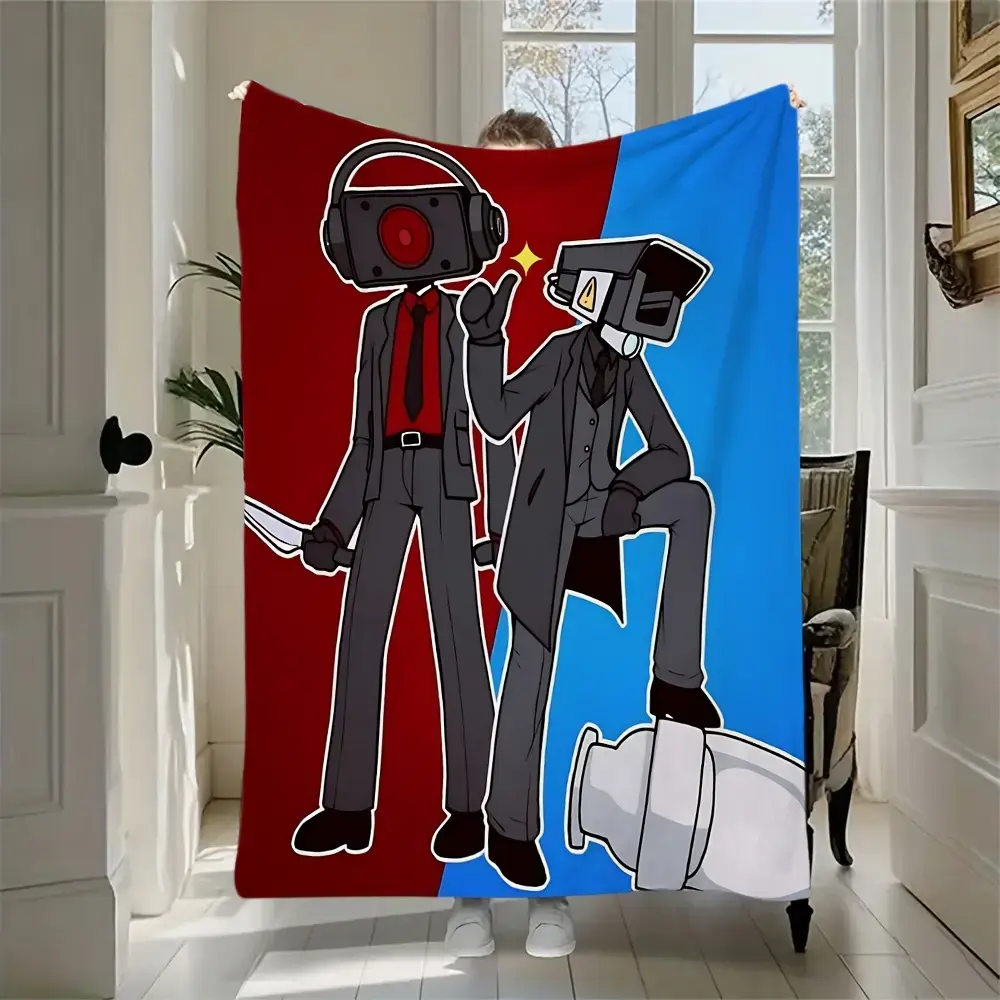 Cute Cartoon Speaker Man Camera Man Fleece Throw Blanket, Soft All Season Blanket for Sofa Bed Office Nap Camping Travel Car, Red Blue Split Skibidi Toilet Character Print Fluffy Web Series Fan Bedroom Decor Gift Blanket