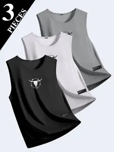 Men's Sports Tank Tops Set of 3, Quick-Dry Breathable Sleeveless Clothes, Lightweight Polyester Geometric Print, Gym Running Basketball, Fitness Activewear