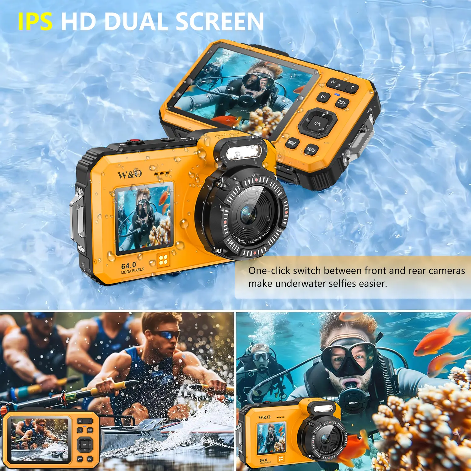 4K Underwater Camera, UHD 64MP Point and Shoot Digital Camera, Autofocus Dual-Screen Selfie Waterproof Camera with 32GB Card, Auto Focus Waterproof 2500mAh Battery, 18X Floatable Digital for Snorkeling