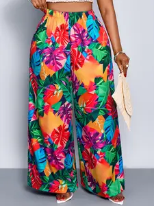 Women's Plus Size Casual Plant All over Print Wide Leg Pants, Elastic Waist Long Regular Fit, Daily Commute Style, All Seasons Clothing Bottoms